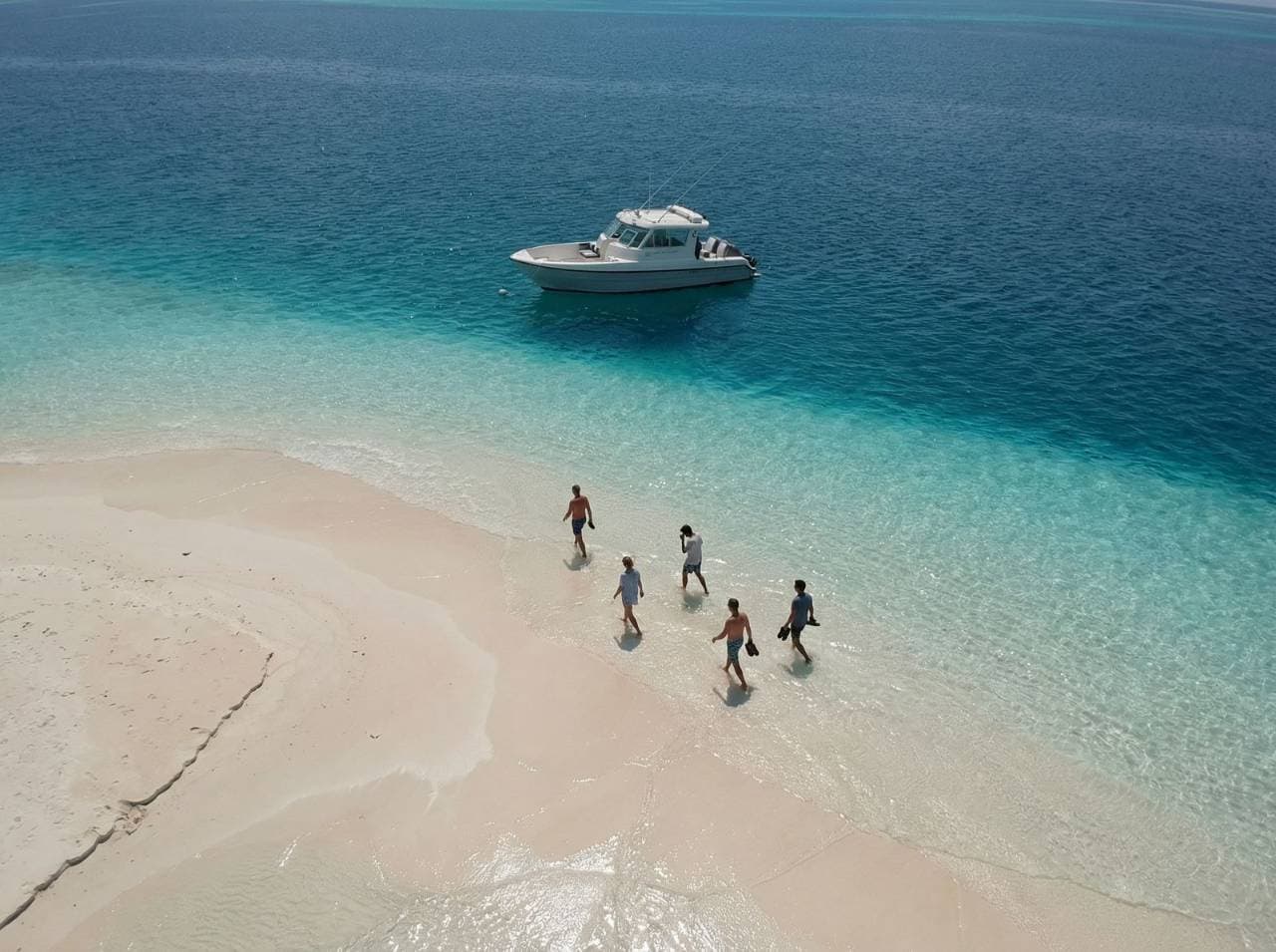 Aerial view of guests walking along a white sandbar towards turquoise water with a private boat anchored offshore